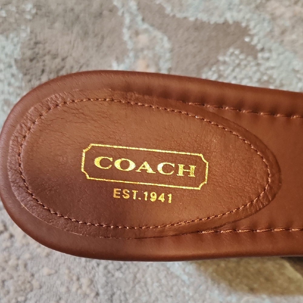 Coach Brown Leather Logo Cork Wedge Slide Sandals with Gold Hardware - Picture 3 of 10